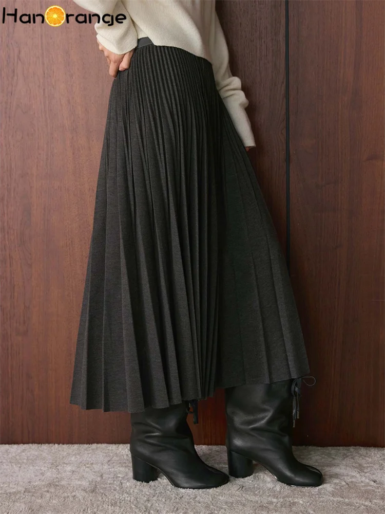 Rok Panjang Wanita HanOrange 2025 Musim Dingin Retro High Waist Model Lipit Longgar A-line Hitam/Abu-abu Tua/Cokelat