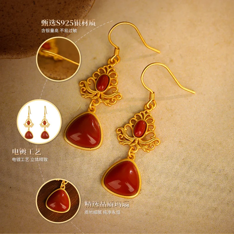 925 Silver Floral Design, Rich And Luxurious New-Style Xiuhe Dress Festive Red Agate Earrings