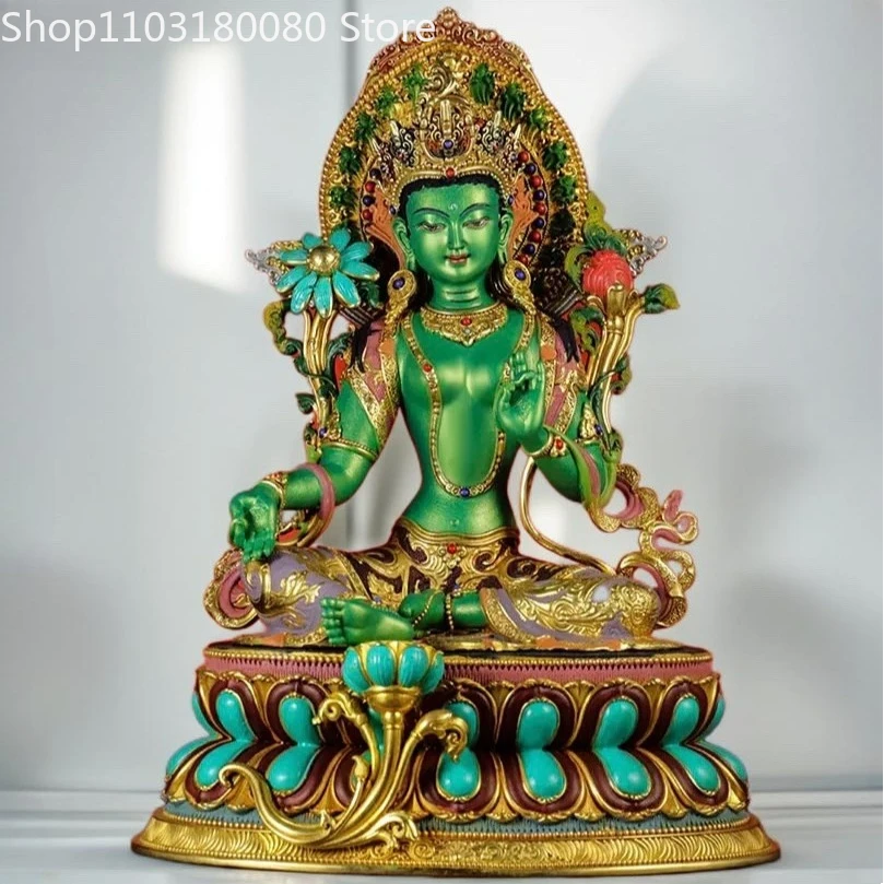 

23cm Copper gilding Painting Green Tara buddha statue sculpture