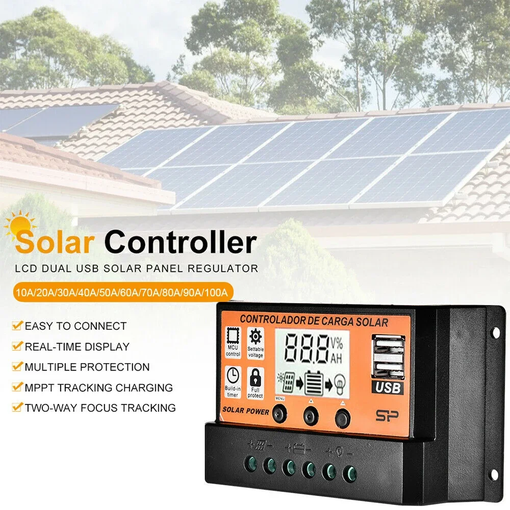 Smart MPPT Solar Regulator 30A/50A/100A with Auto Temperature Compensation LCD Display Dual USB for Solar Power System