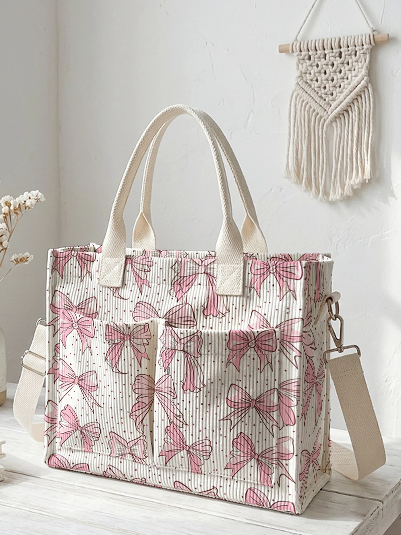 

Розовая сумка-тоут из вельвета с бантом и принтом в горошек, большая вместимость, много карманов, в стиле кокетка, для повседневного использования, на плечо