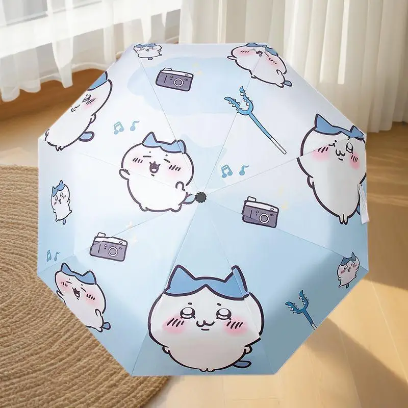Paraguas Plegable Automático con Diseño de Chiikawa para Mujer, Paraguas Anti-UV con Revestimiento Negro, Fácil de Transportar, en Stock