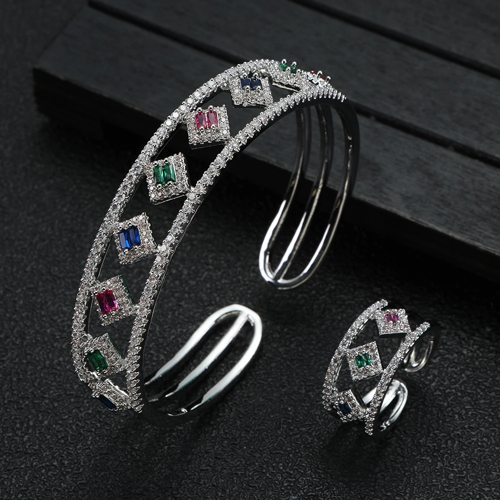 Luxury 2PCS Dubai Bangle Ring Set Fashion Jewelry For Women Wedding Engagement Brincos Para As Mulheres HXS022 S659