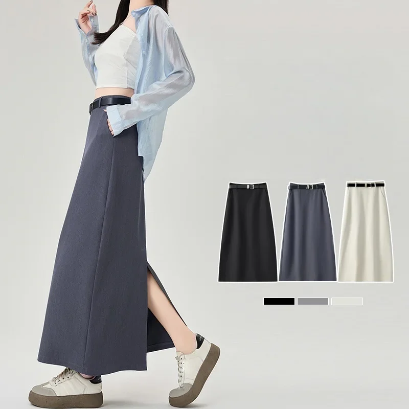 

Осенние женские длинные юбки с высокой талией и разрезом сзади, с карманами, новинка 2025, однотонные элегантные офисные прямые юбки трапециевидной формы, женские юбки