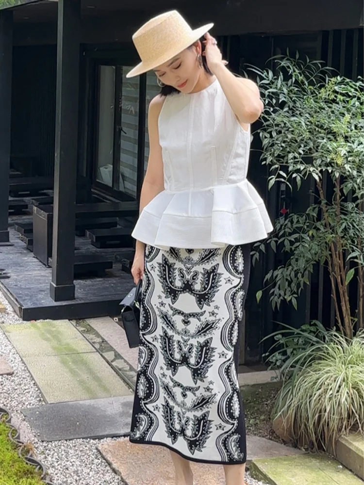 

Baman Yuan lin Ice Silk Cool Retro Pernal Totem Straight Knitted Skirt Women's Commute Sle Embroidered mid Waist