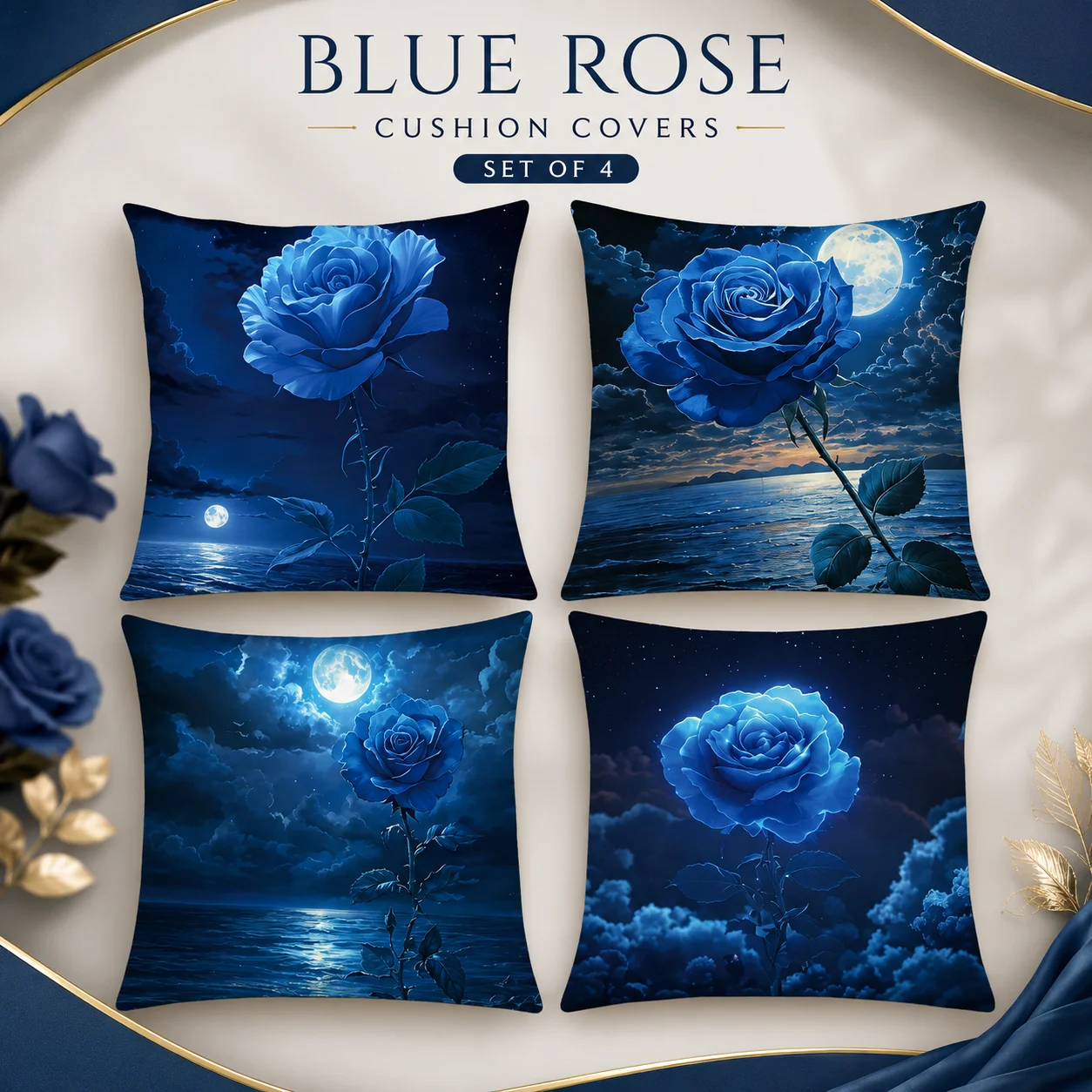 

Romantic Blue Rose Moon Ocean 2D Flat Printed Peach Skin Pillowcases Set Of 4 Cushion Covers For Bedroom Couch Home Decor