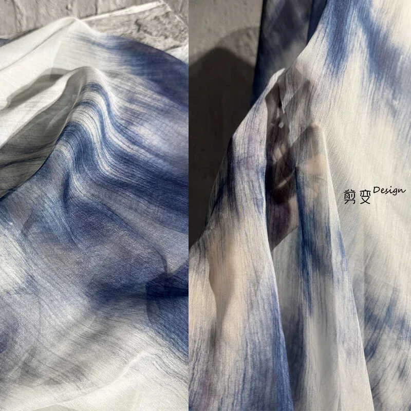 Guofeng ink rendering pleated texture designer fabric drape smooth irregular tie-dye Hanfu chiffon fabric