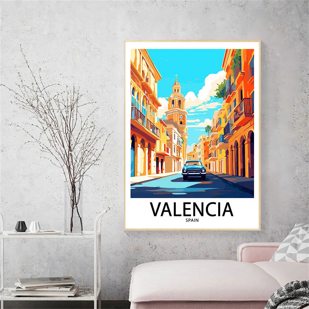 Spain Valencia Cartoon Travel Poster Print City Landscape Wall Art Picture Canvas Painting for Living Room Home Decoration