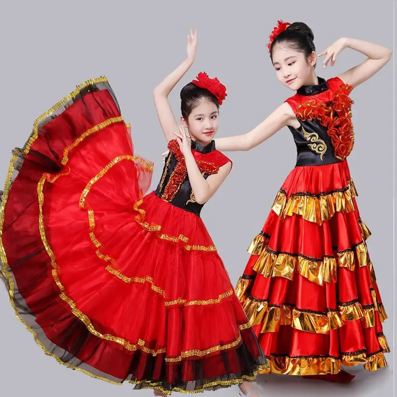 Robe de flamenco rouge longue pour filles, costume espagnol, jupe de scène de salle de Rhpour enfants, robes de danse pour enfants