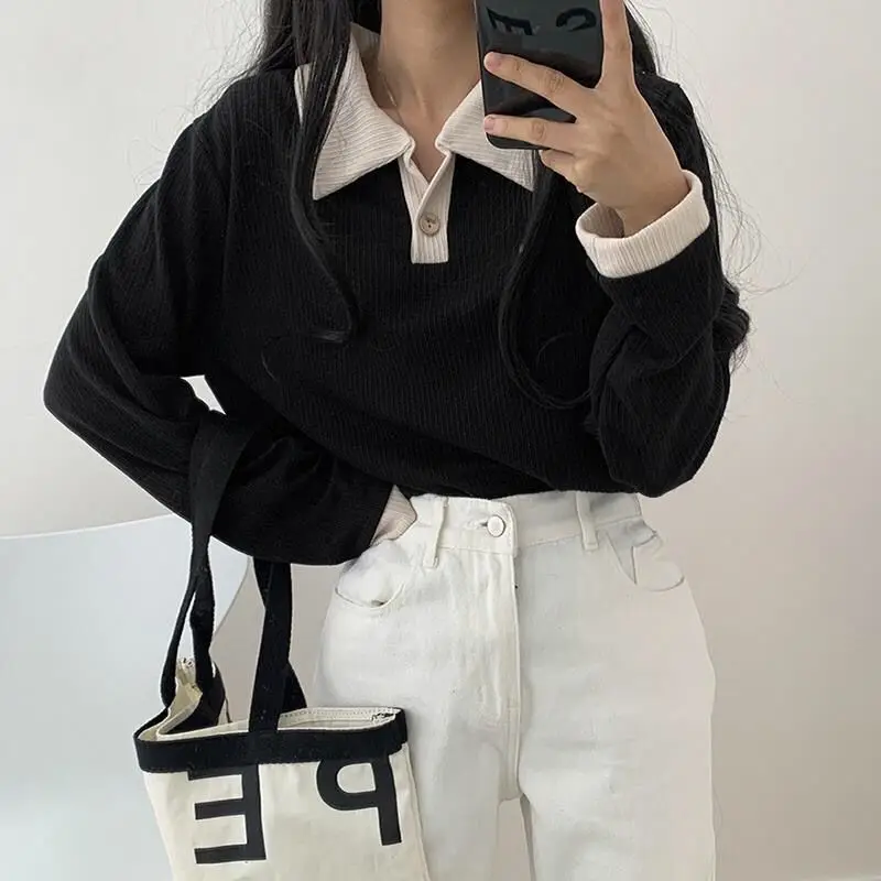 Sweatshirts Women Patchwork Simple Design Turn Down Collar Mujer Spring Stylish Vintage Ulzzang Basic Comfortable Holiday Teens