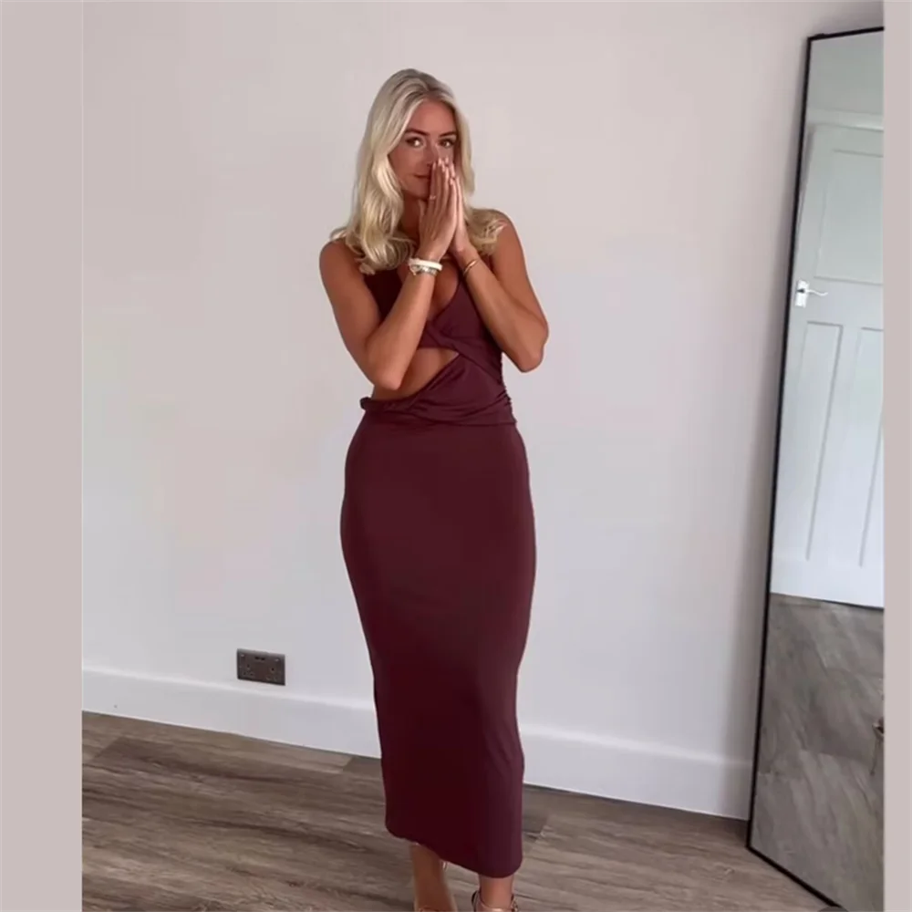 PB & ZA-vestido veraniego para mujer, prenda ajustada con cintura, versátil, color liso, corte de hombro y tirantes, cuello en V, novedad de 2024