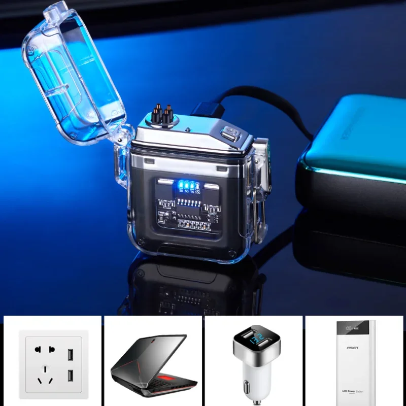 1New Waterproof Windproof Electric Lighter Transparent Plasma Arc Flashlight USB Rechargeable Outdoor Camping Box Gift Wholesale