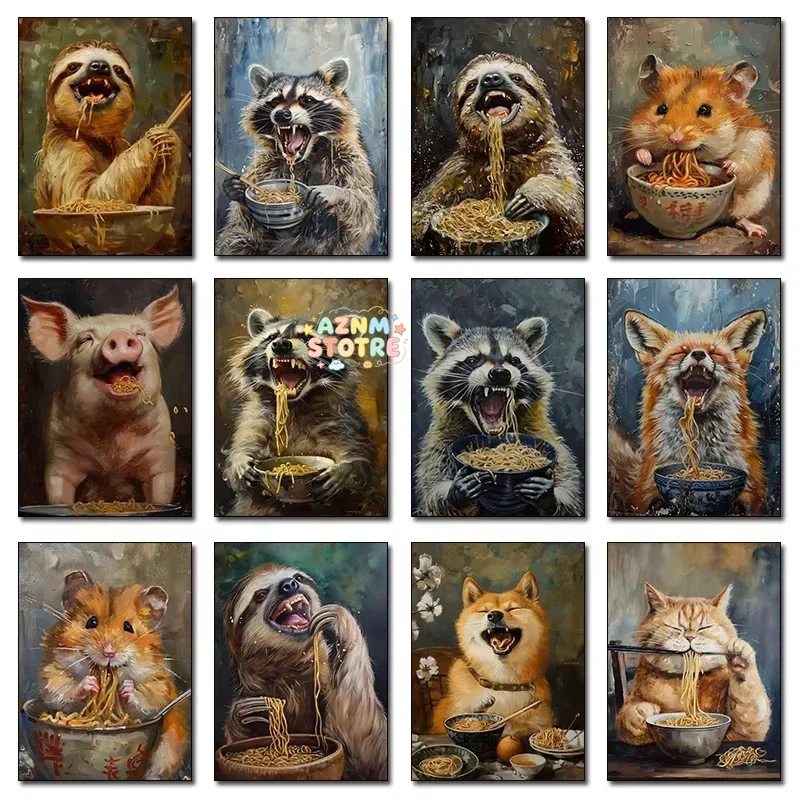 Funny Animals Eating Ramen Poster Printing Raccoon, Hamster, Fox, Cat, Dog, Wolf Canvas Art Home Decor for Bedrooms Dining Ro