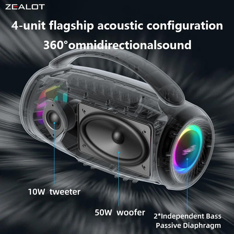 ZEALOT-P12 Portable Bluetooth Speaker 60W, IPX6 Waterproof, Supports TF Card and USB, Beach Party Speaker, Outdoor Camping Speaker, Large Gathering Speaker