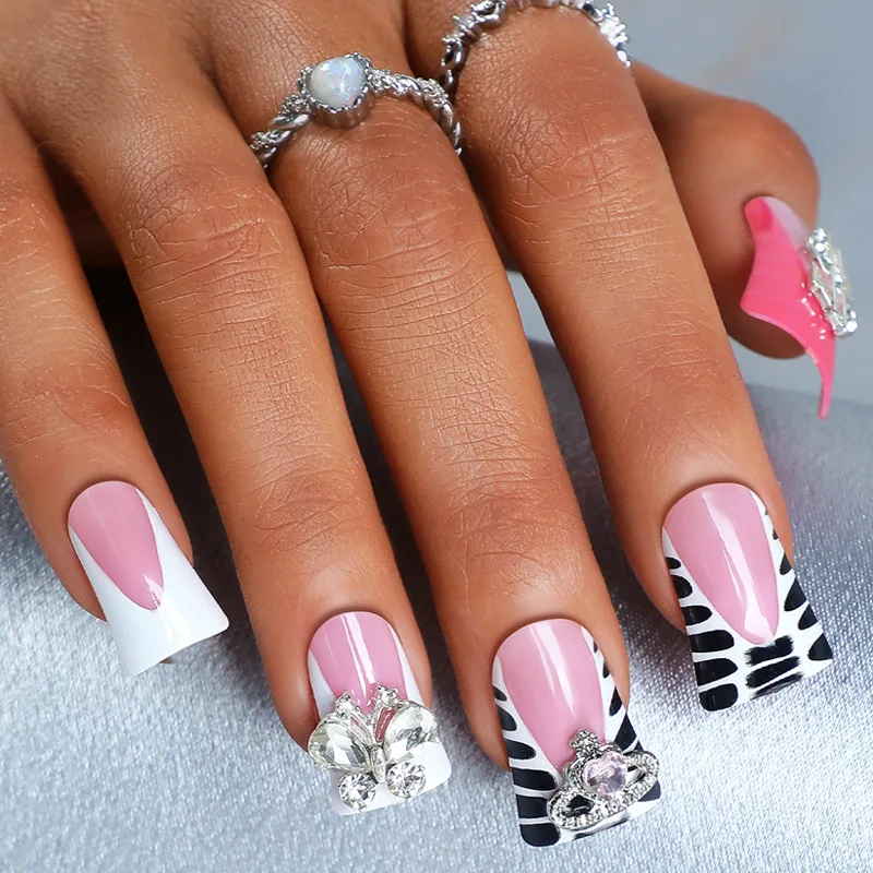 

24Pcs Bling Duckies Press on Nails Set Rhinestone Butterfly Bows Design Reusable Fake Nail Full Cover Acrylic French Nails Tips