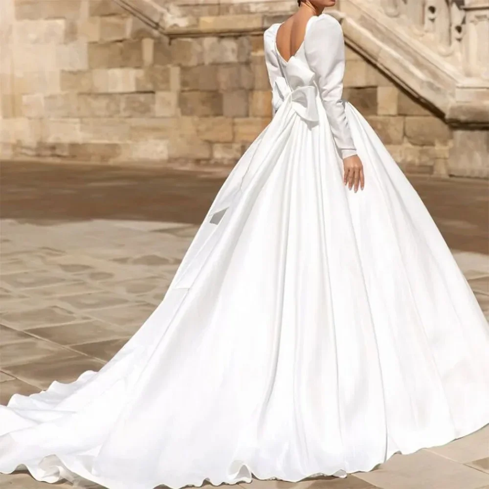 Luxuriöses Hochzeitskleid, schlichtes Satin-Schnürkleid mit großer Schleife, klassischer V-Ausschnitt, lange Ärmel, rückenfrei, Braut-Abschlussballkleid, Vestidos de Novia