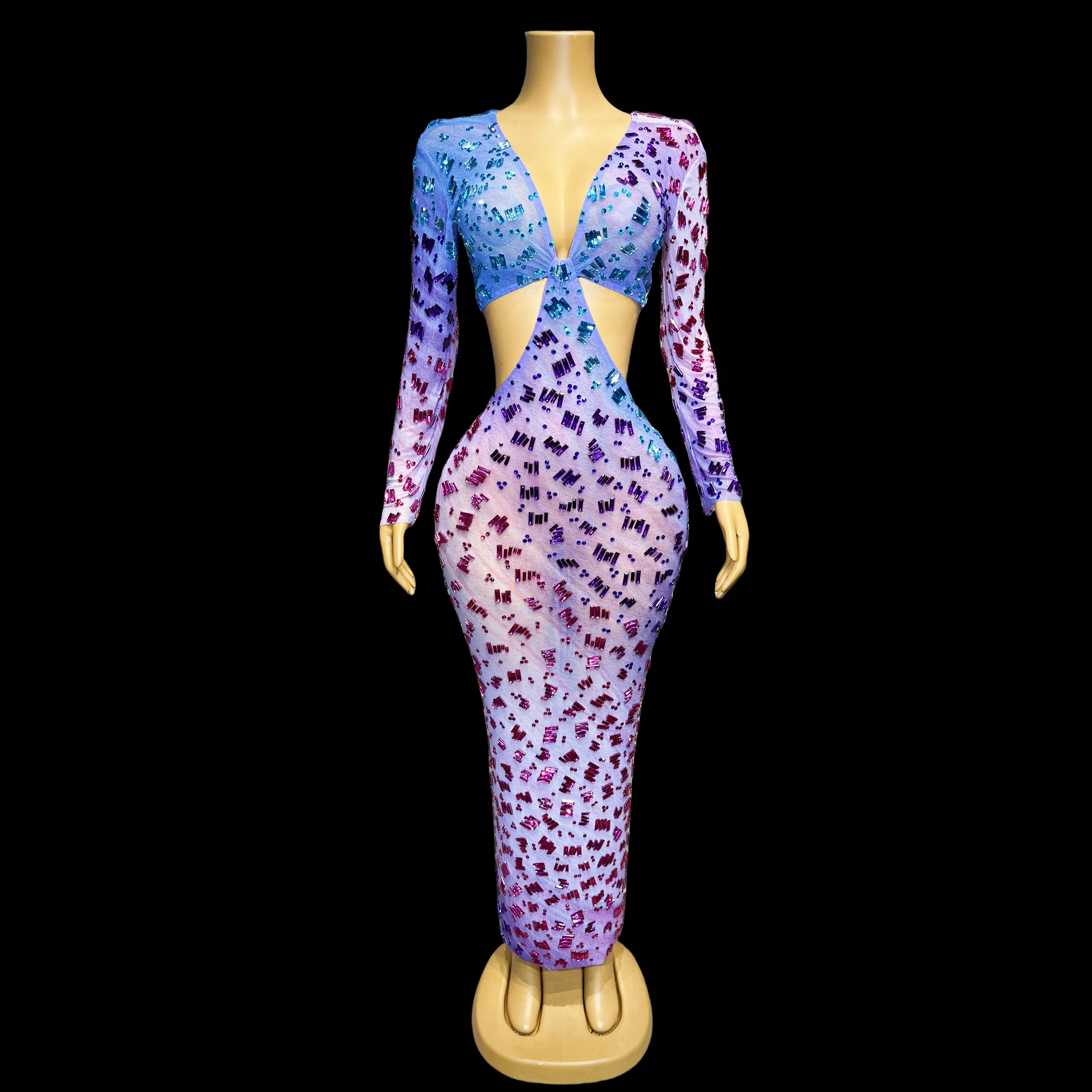 Luxury blue purple waist cutout hand-appliqué rhinestone dress long sleeve sheer dress up dance sexy costume birthday haichao