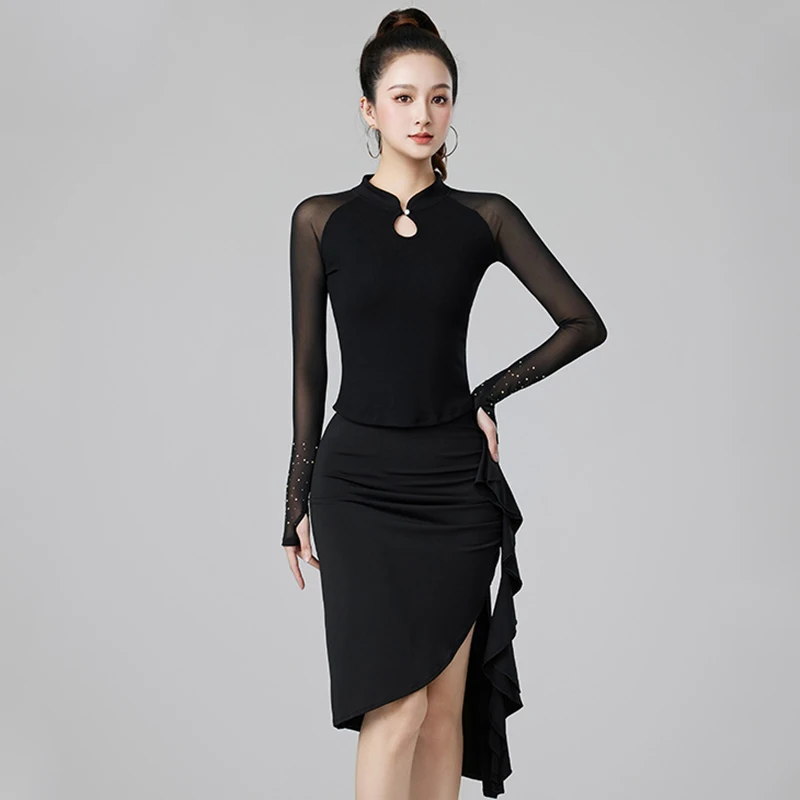 

Performance Clothing Women Cha Cha Rumba Costumes New Latin Dance Practice Clothes Long Sleeve Dress Black Tango Dance