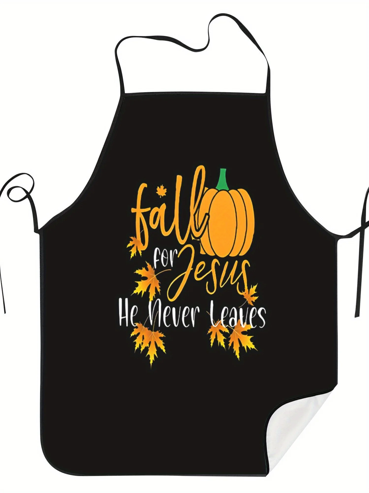 تقع من أجل يسوع، لا يترك أبدًا مريلة الطبخ الملهمة باللون الأسود مع أوراق الخريف والقرع البرتقالي مطبوعة بمقاس واحد للمطبخ #5
