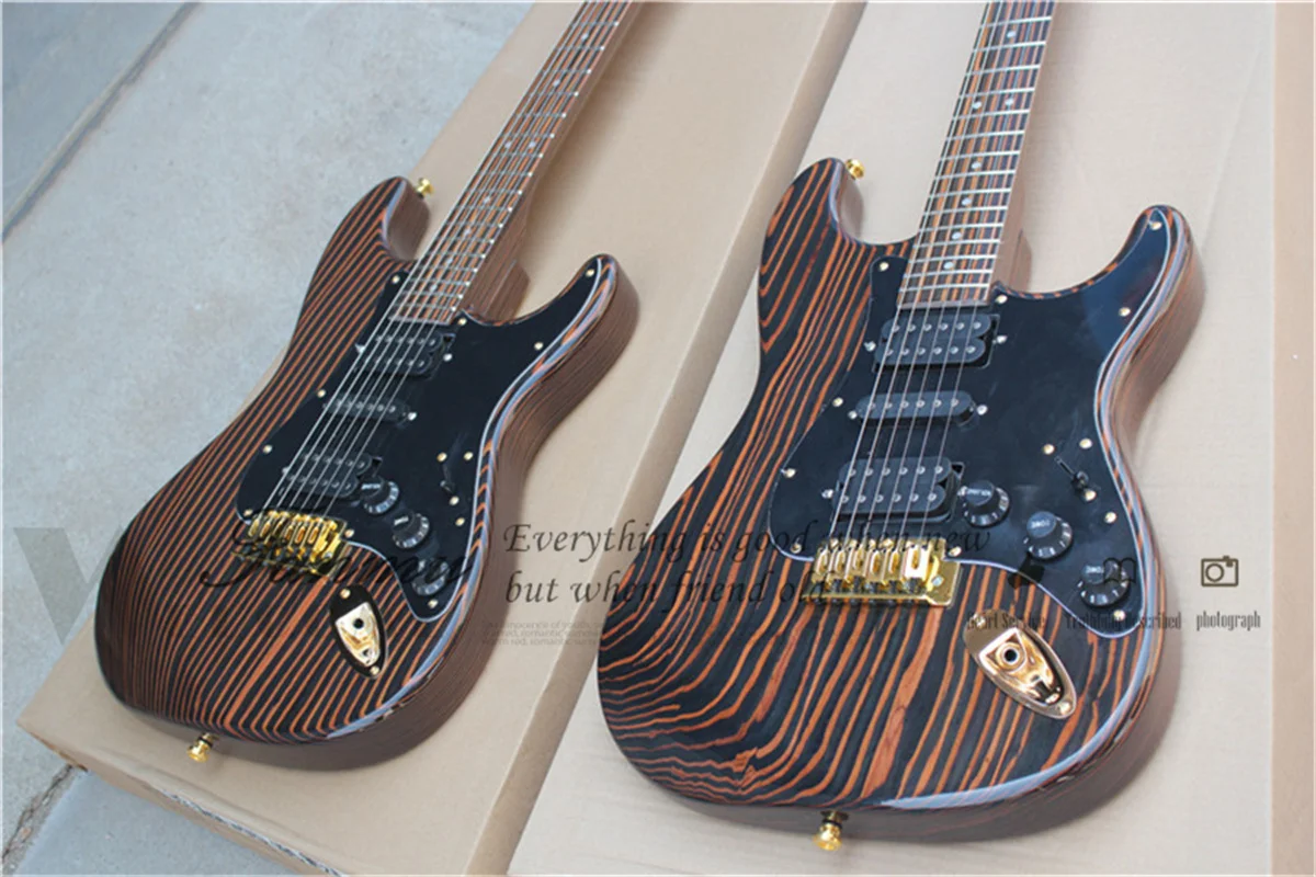 Zebra Wood Electric Guitar Stra Body Zebra Wood Neck Fixed Bridge HSH pickup Black guard Black tuner