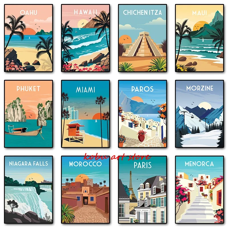 Travel Canvas Painting Illustrated Maui Mauritius Menorca Paros Posters Prints Wall Art Picture for Living Room Home Decor