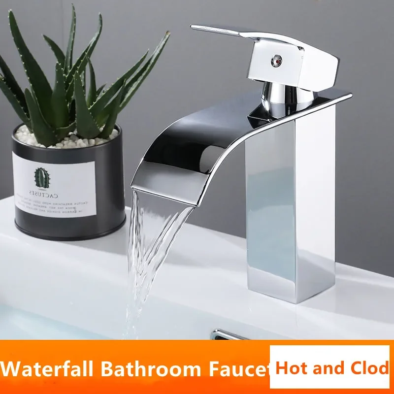 

Modern Bathroom Basin Faucet Waterfall Deck Mounted Cold And Hot Water Mixer Tap Brass Chrome Vanity Vessel Sink Crane