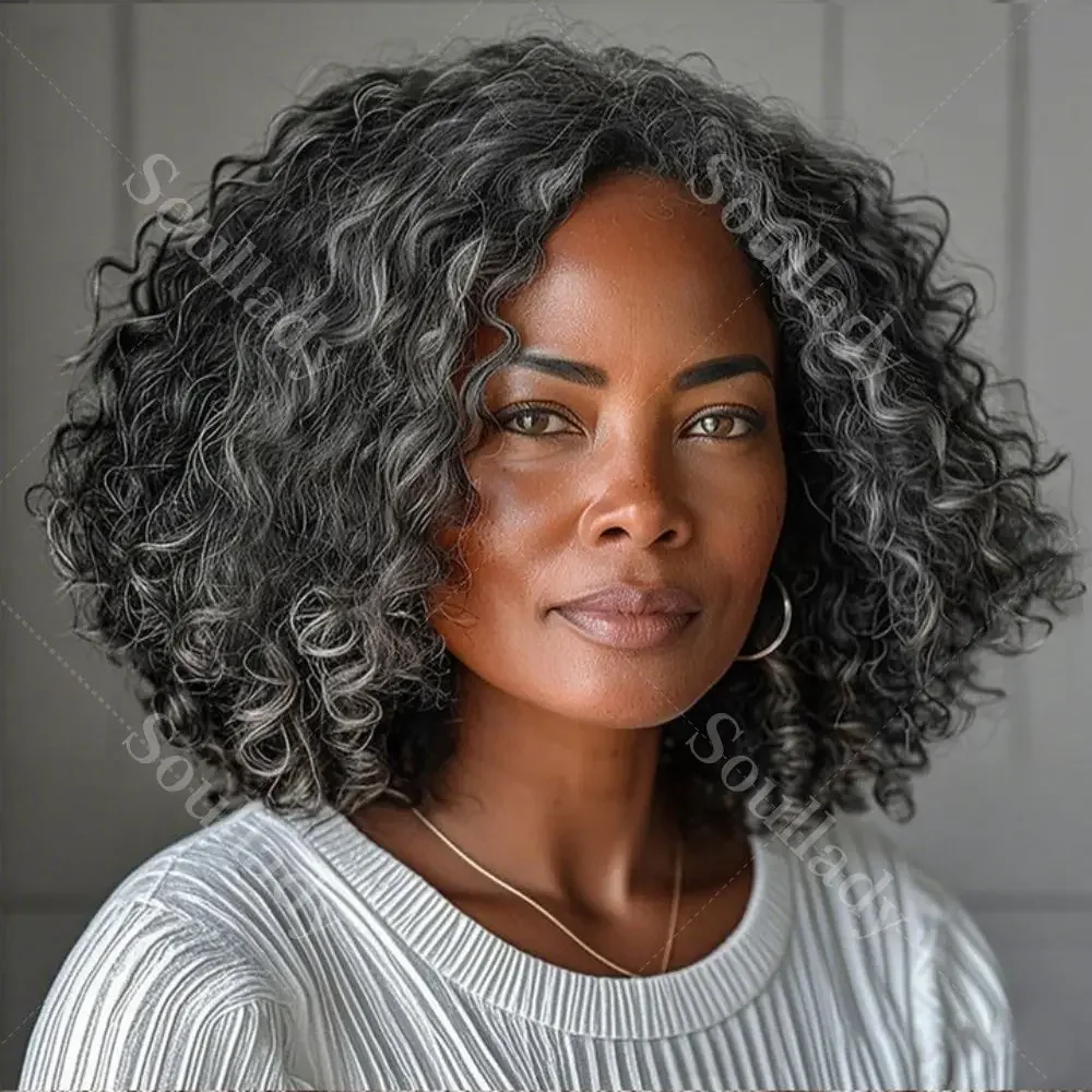 

Soul Lady Medium Salt And Pepper Water Wave Bob Real Human Hair Glueless 5x5 Lace Closure Wigs For Mature Women Over 50