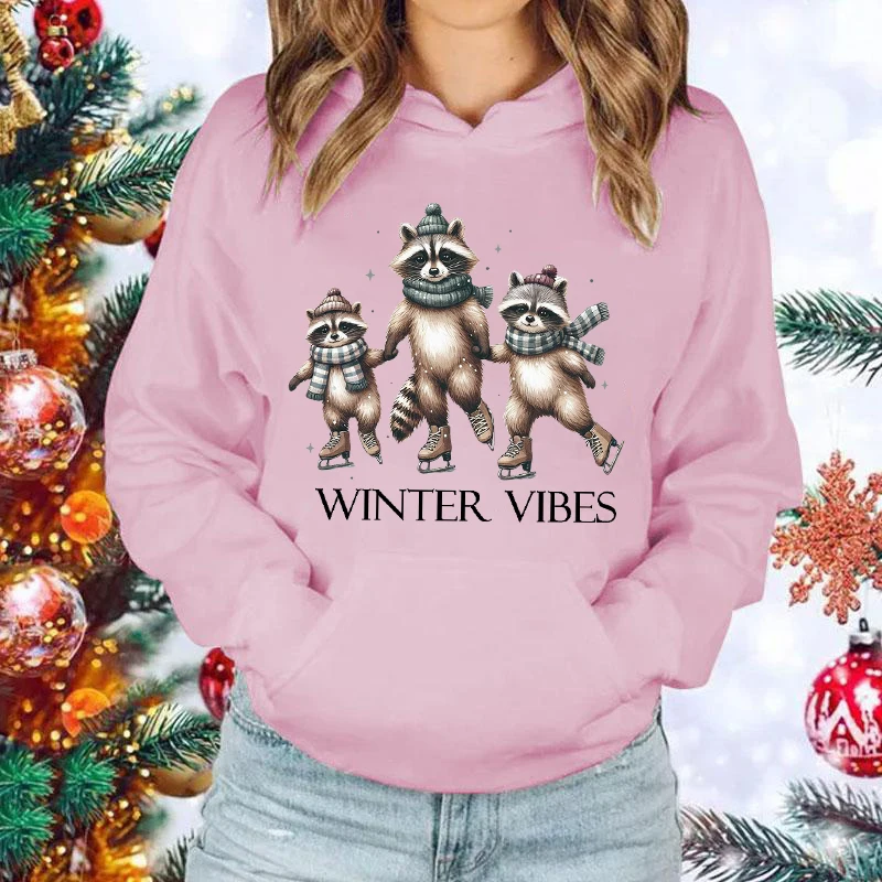 New Christmas Raccoon Winter Vibes Print Hoodie Sweathshirts Men Women Hooded Pullover Unisex Long Sleeve Hoodie Tops Couple Hoo