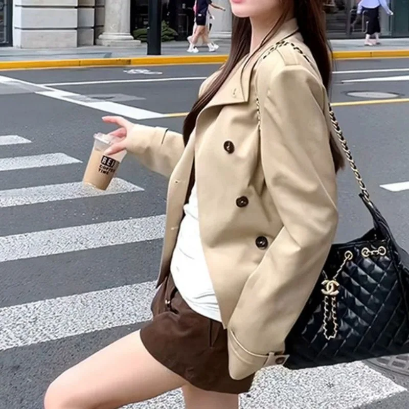 Kaki Short Coat Jacket Women's Korean Style Casual Top Shirt Spring Autumn New Model High Sensation Double Button Polyester F...