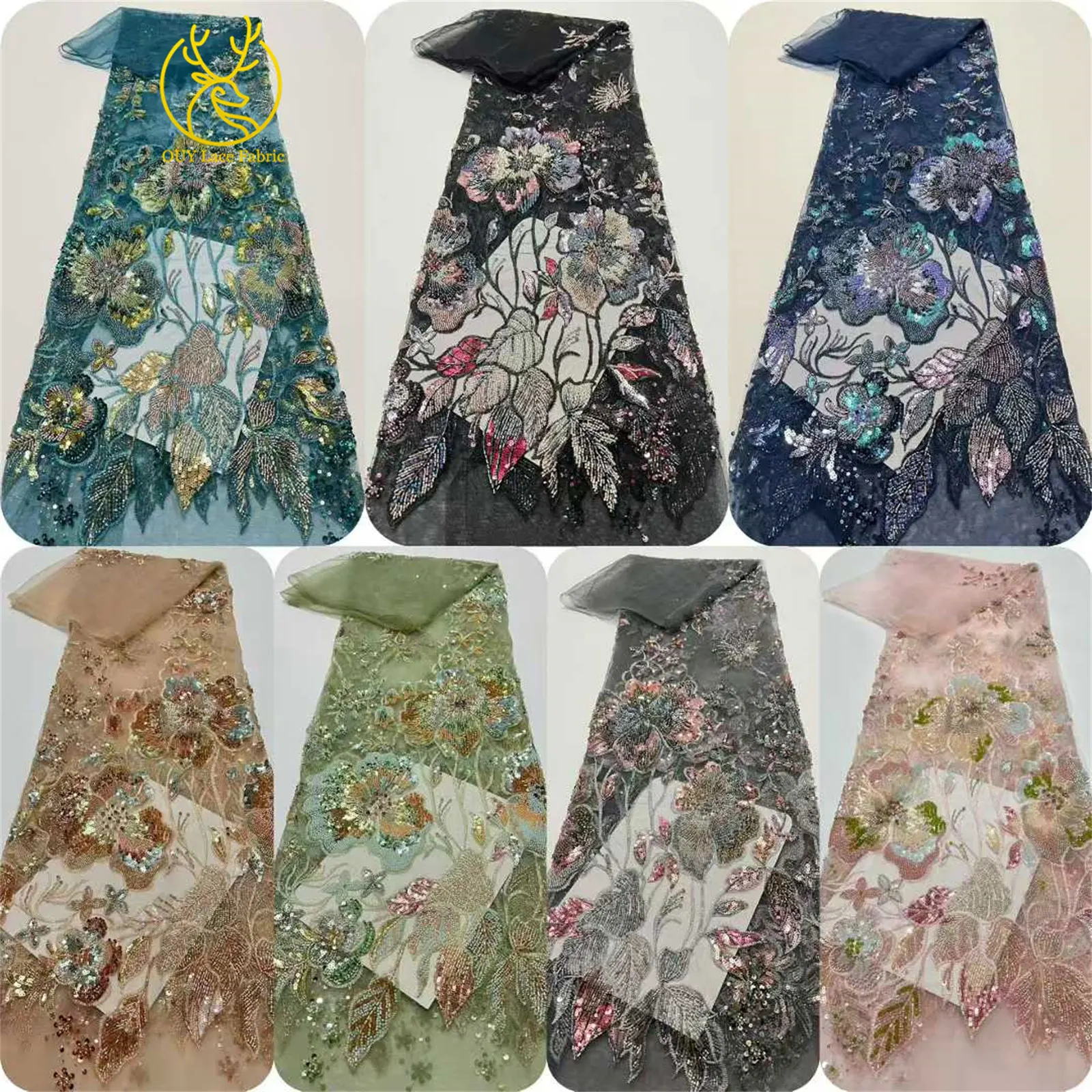 Afrikanischer schwerer Perlen-Spitzenstoff, 5 Yards, luxuriöse französische Pailletten-Spitze, Nigeria-Stickerei, Tüllspitze für Hochzeitskleider – Detail 3