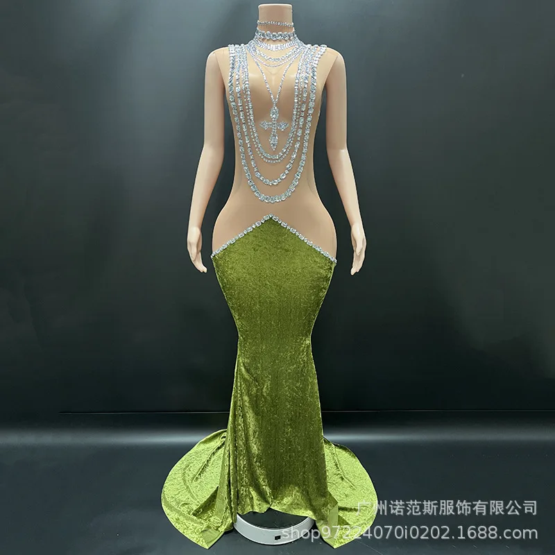 Niche Matcha Green White Temperament Hip-wrapped Fishtail Skirt Concert Celebrity Social Evening Dress Birthday High-end Dress