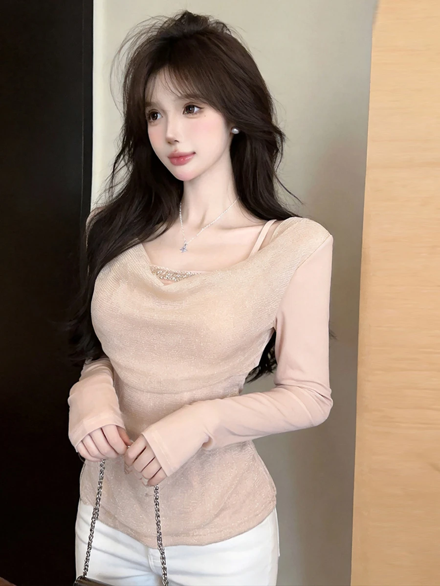 Sweet Style Long Sleeve T-Shirt with Lace Neck Design Korean Sexy Overhead Drill Pressed Fake Two-Piece High Waist Breathable
