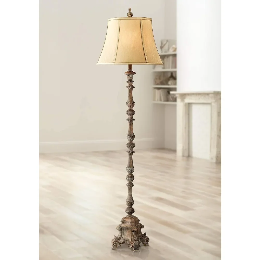 

Rustic Country Traditional Style Floor Lamp Standing 62" Tall Faux Wood Antique Candlestick Beige Silk Fabric Bell Shade Decor