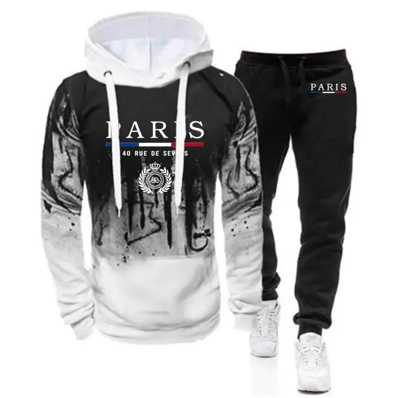 2024 Spring Autumn Men\'s PARIS Logo Print Hooded Tracksuit Casual Gradient Color Hoodies+Fashion Jogging Sweatpants Cotton Sets