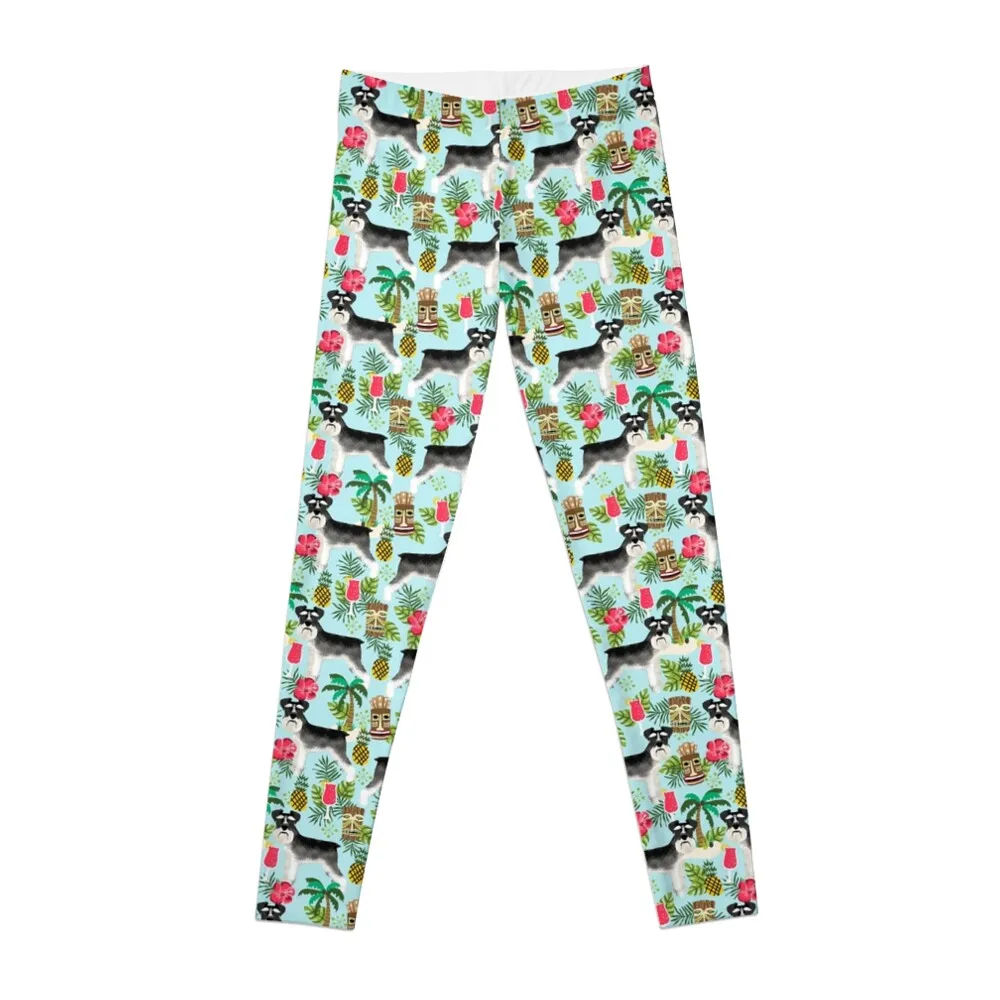 Schnauzer tiki pattern floral hibiscus floral flower pattern palm leaves by PetFriendly Leggings