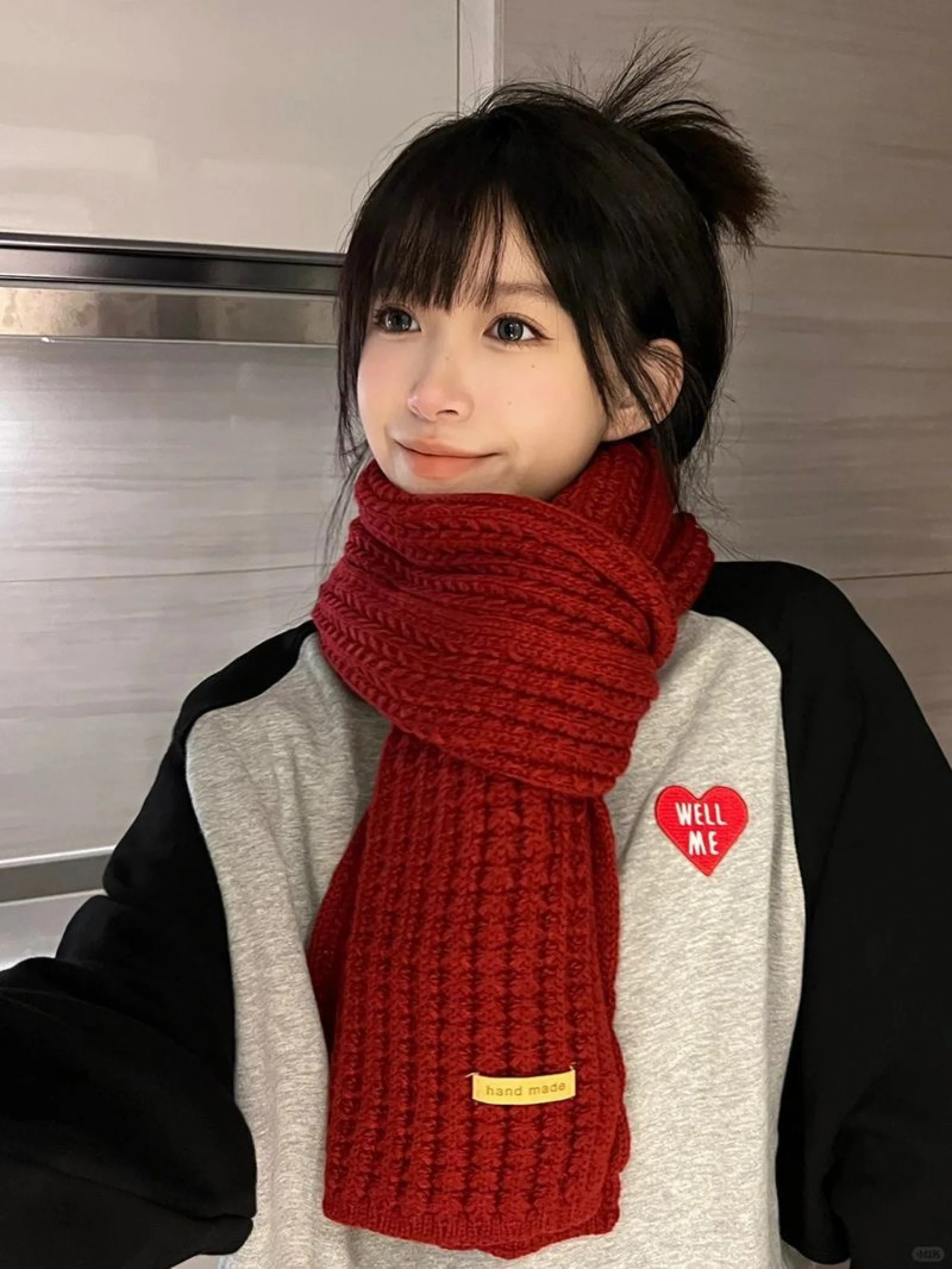 Christmas Red Knitted Scarf Women's Winter New Korean Edition Versatile New Year Check Neck Couple Warm Shawl Men