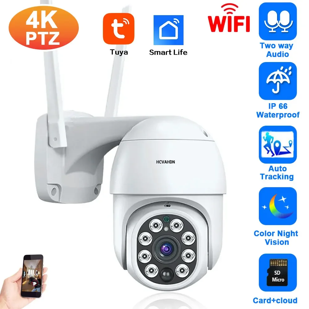 Smart Life 4K Mini Wireless PTZ IP Camera Outdoor Waterproof Color Night Vision Wifi PTZ Security Surveillance Camera 8MP Tuya