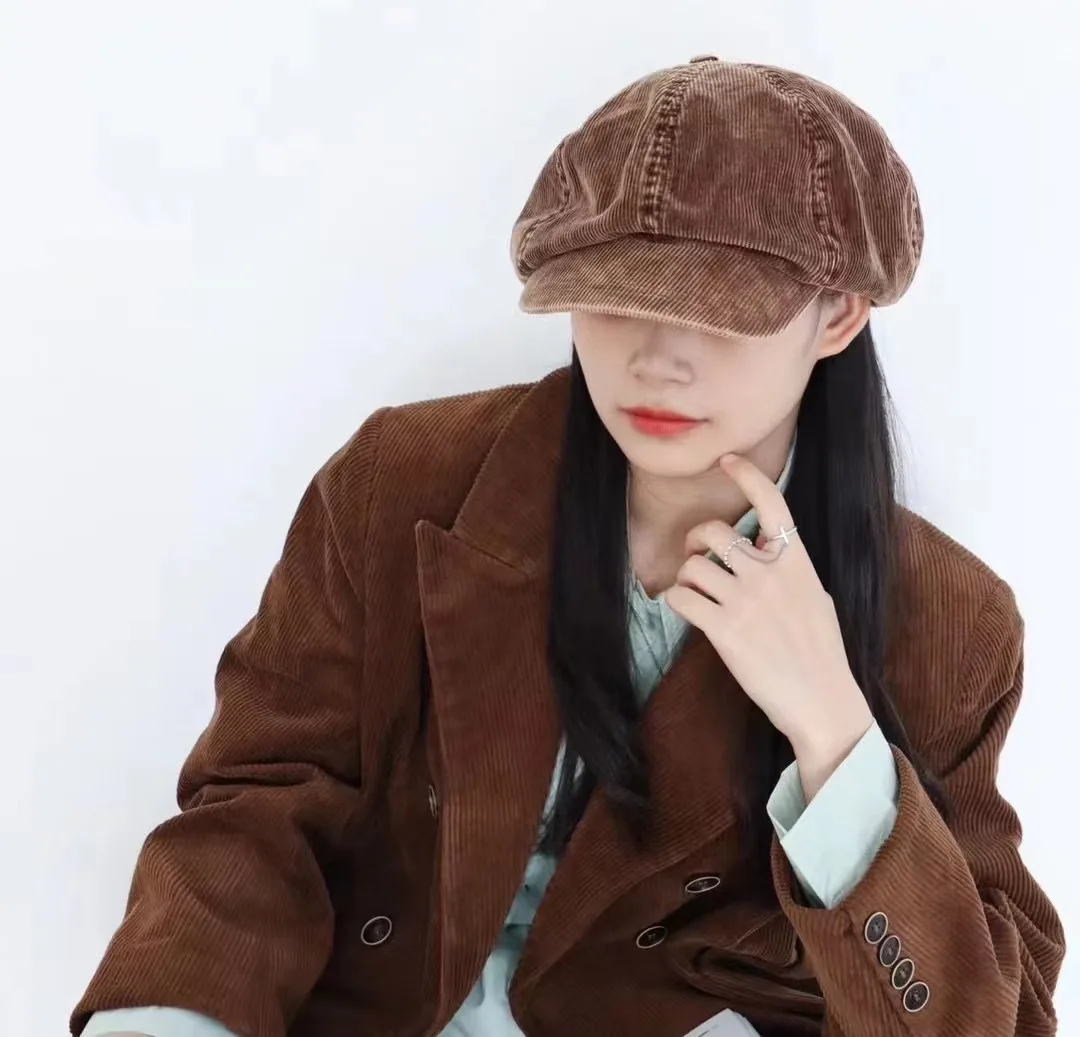 Y2K Big Winter Retro Corduroy Cloud Octagonal Hats for Women Autumn Winter Fashion Warm Literary Newsboy Cap Beret