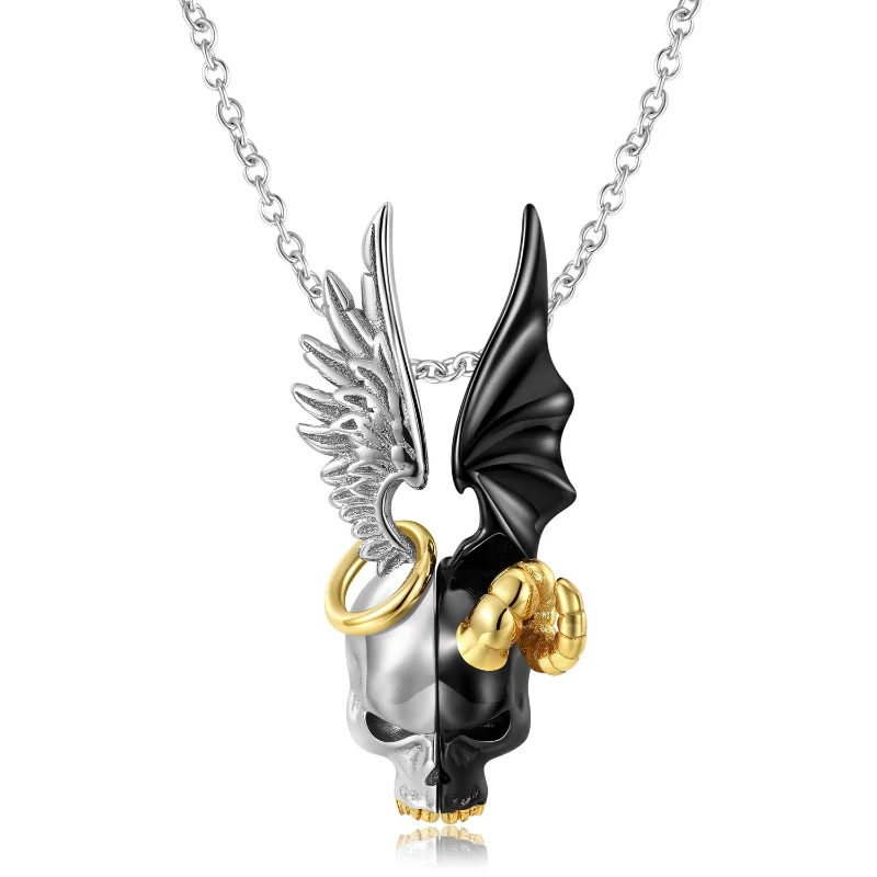 

Angel Devil Double sided Pendant S925 Silver Color Plated Skull Necklace Dark Wind Jewelry Valentine's Day Gift Couple's Style