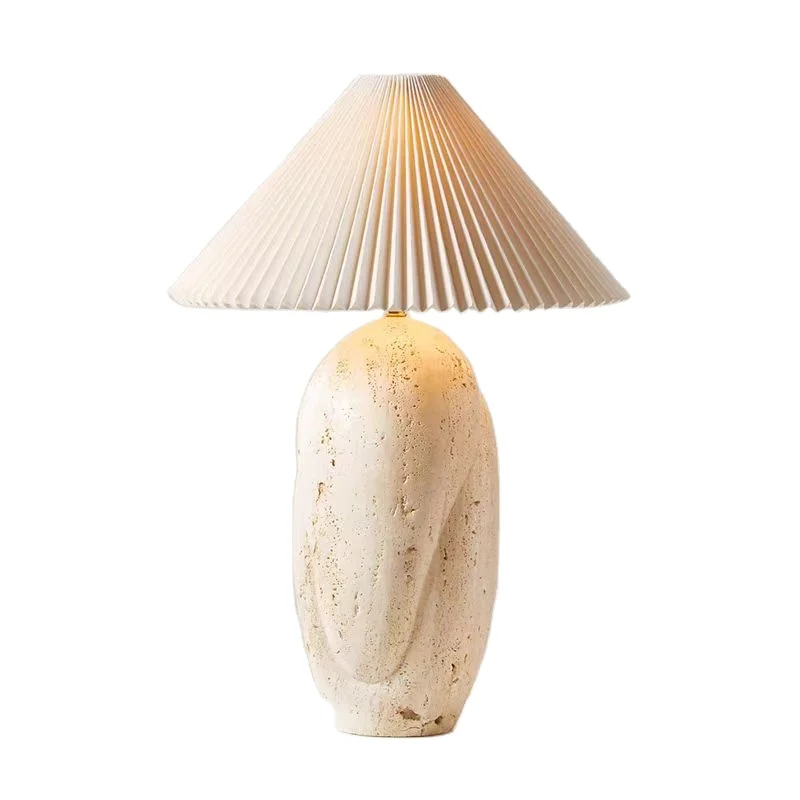 

YYHCSimple Modern New Style travertine Table Lamp With Pleated Beige Fabric Lampshade Desk Lamp For Bedroom Living Room Wedding
