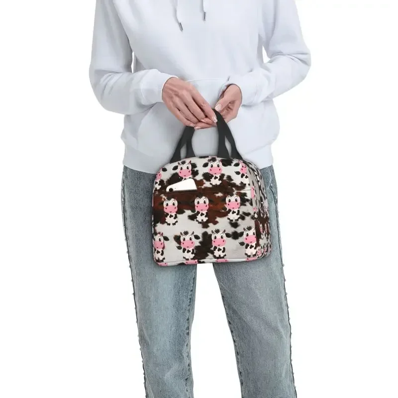 Bolsas de almuerzo con aislamiento de vaca lechera de dibujos animados para acampar, viajar, refrigerador impermeable, caja térmica Bento para mujeres y niños