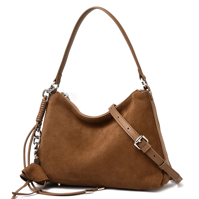 100% Echtes Wildleder Damen Schulter-Umhängetaschen Retro Echtleder Handtasche Designer Große Kapazität Pendler-Handtaschen – Detail 14