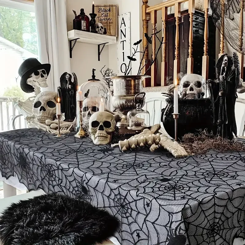 1 Piece, Halloween Lace Tablecloth, Black Tablecloth, Spider Web Tablecloth Fireplace Scarf for Halloween House Party Decoration