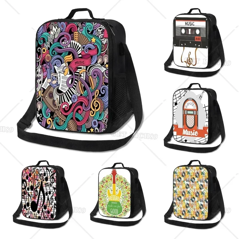 Music Themed,Reusable Lunch Bag for Women Men Adults Insulated Instruments Printed Portable Lunch Box for Office Work School