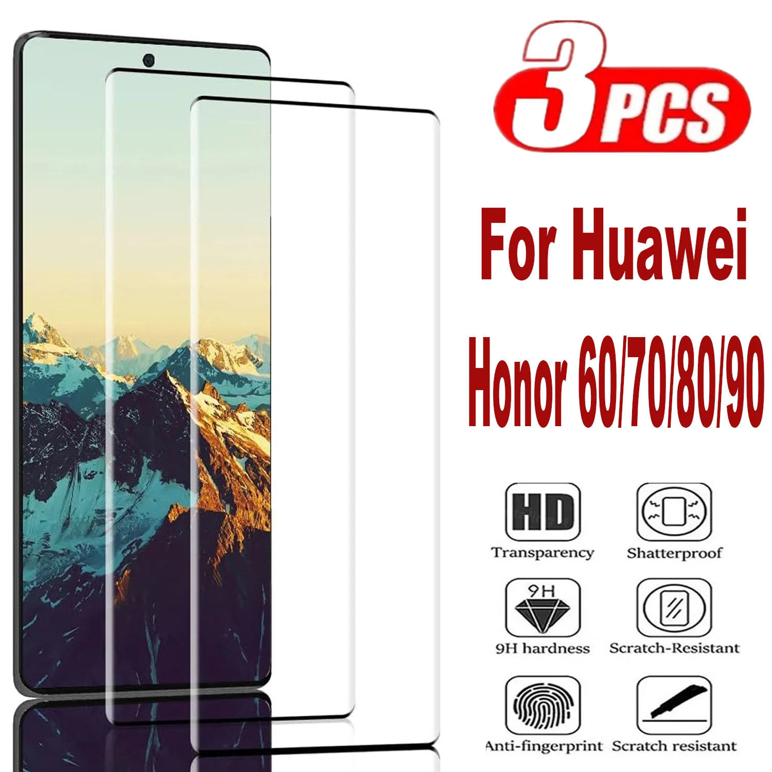 9H Curved Four Sides Glue Tempered Glass Film For Huawei Honor 50 60 70 80 90 3Pcs 3D Screen Protector Glass