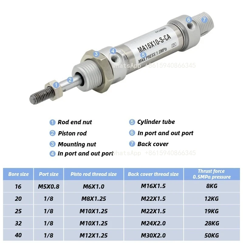 MA16 MA20 MA25 MA32 MA40 Mini Air Cylinder Double Action Mini Round Cylinders MA16X50S MA25X25S MA32X15S