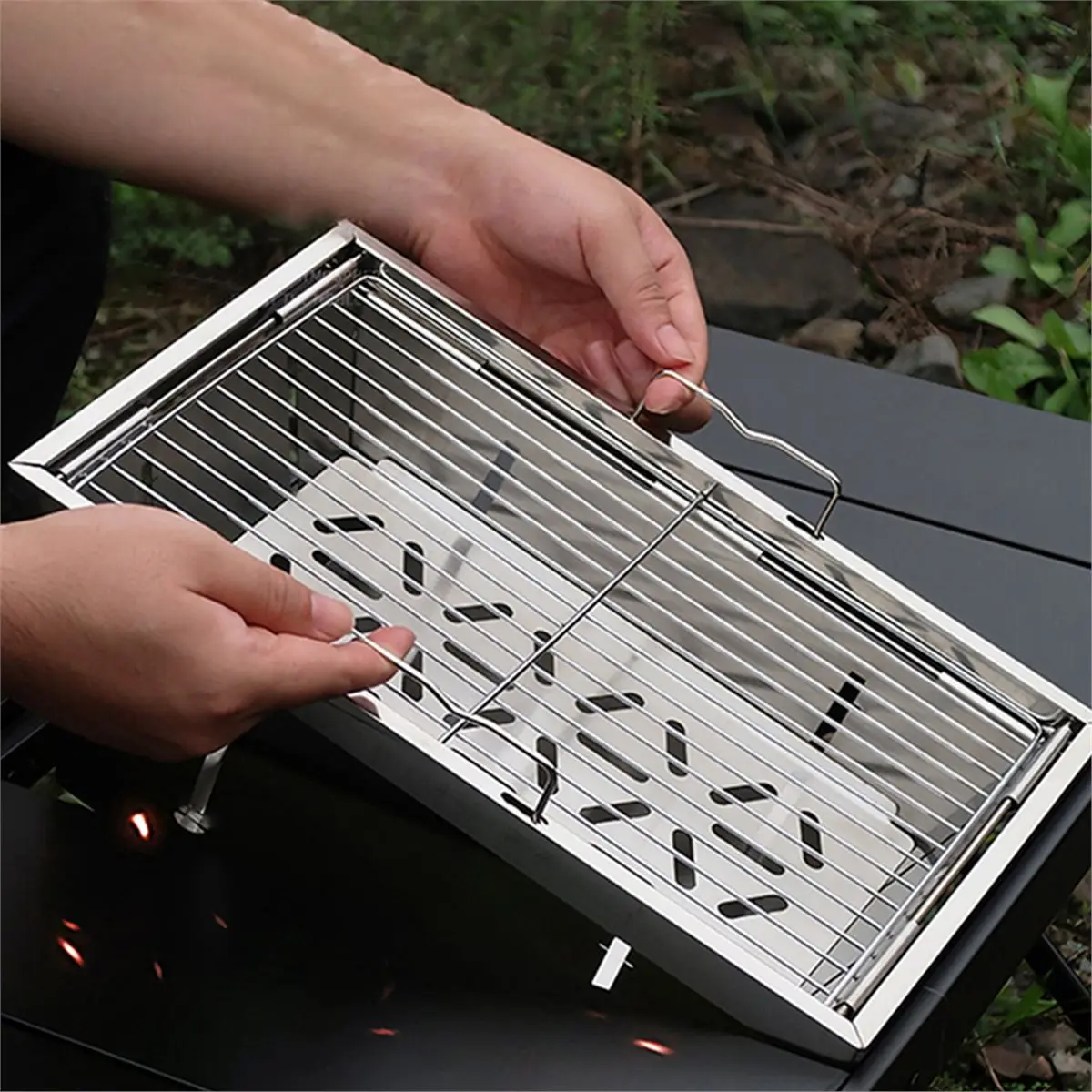N94R Barbecue Grill Folding Charcoal Firewood Stove Heater Portable Camping Picnic Cookware Stainless Steel BBQ Rack