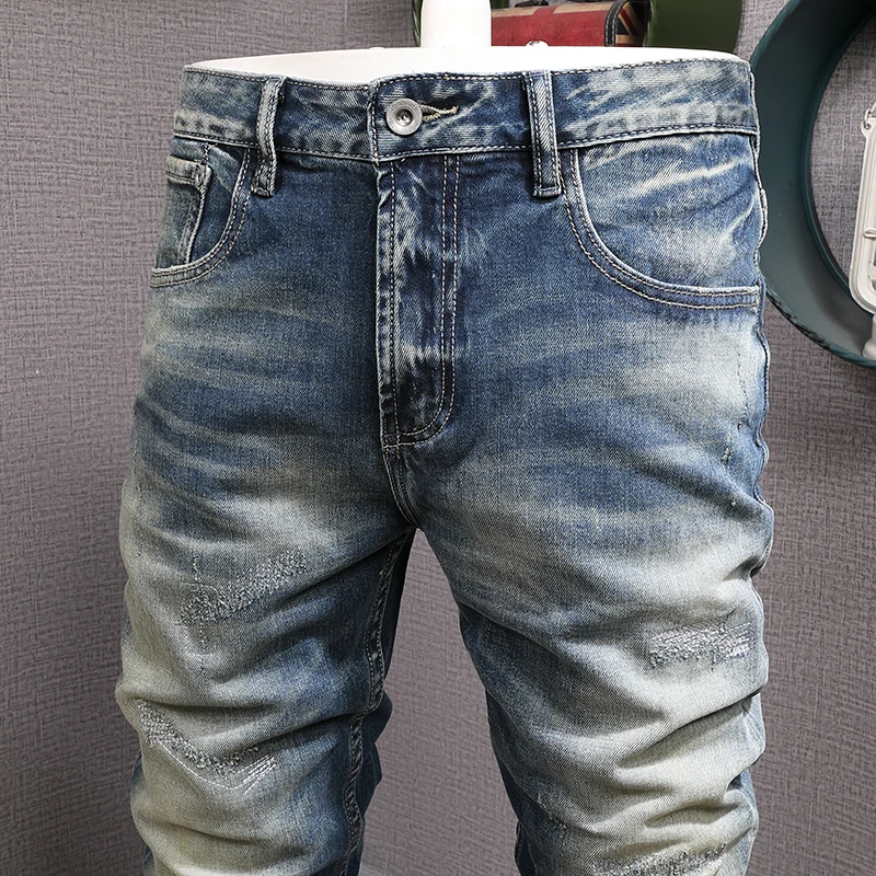 Fashion Designer Men Jeans Retro Blue High Quality Stretch Slim Fit Ripped Jeans Men Trousers Vintage Casual Denim Pants Hombre