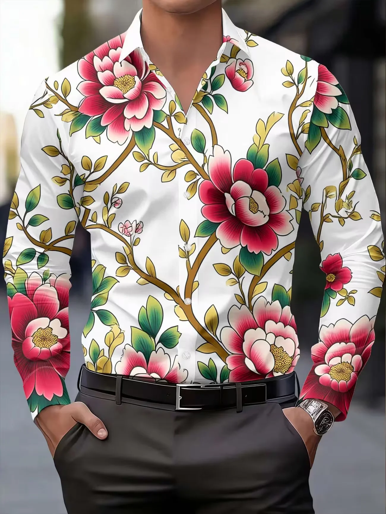

New dark green gradient starry sky print men's long sleeved shirt light business casual slim fit shirt