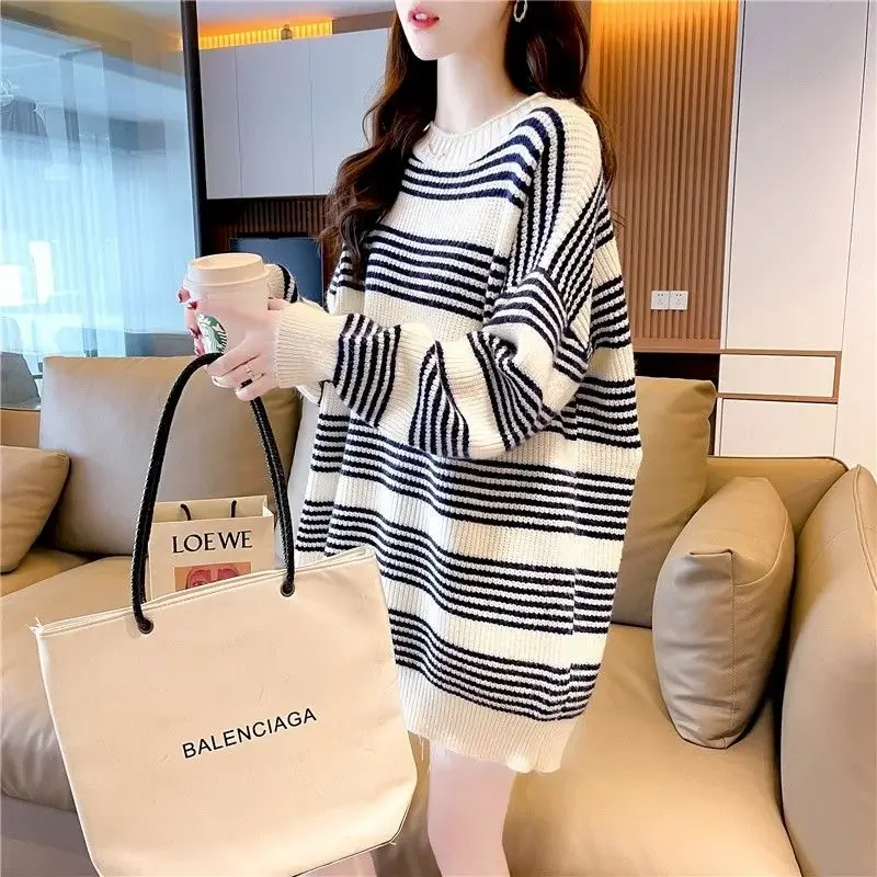

Fashion Stripe Sweaters Women Loose Coarse Knitting Pullover Korean Casual Design Sweater Autumn Winter Trendy Mid-length Tops